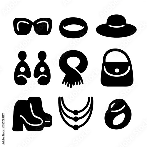 Plus-Size Fashion Icons. Solid, filled icon set of plus-size fashion accessories: large sunglasses, chunky bracelet, wide-brim hat
