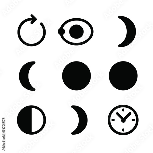 Moon Phases Icons. Solid, filled icon set of moon phases cycle: cycle arrow, moon orbit, waxing moon, waning moon, full moon, new