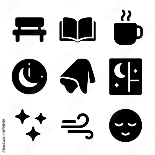 Moonlit Icon Moments. Solid, filled icon set of quiet moonlit moments: bench, open book, steaming mug, clock showing midnight,