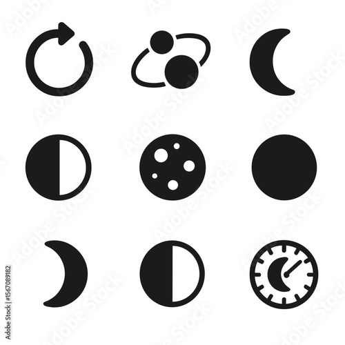Moon Phases Icons. Solid, filled icon set of moon phases cycle: cycle arrow, moon orbit, waxing moon, waning moon, full moon, new