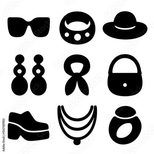 Plus-Size Fashion Icons. Solid, filled icon set of plus-size fashion accessories: large sunglasses, chunky bracelet, wide-brim hat