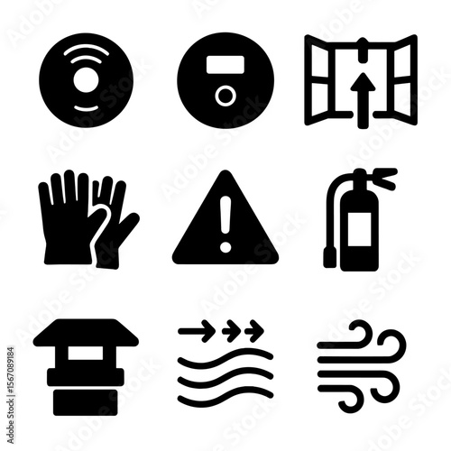 Fireplace Safety Icons. Solid, filled icons set of safety and ventilation for fireplace use: smoke detector,