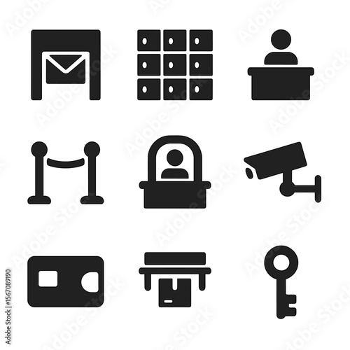 PO Box Icons. Solid, filled icon set of PO box building elements: mailroom, lockboxes, counter, queue line, service window,