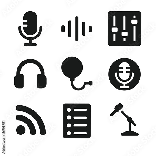 Podcast Icons Collection. Solid, filled icon set of podcasting essentials: podcast mic, sound wave, audio mixer, headphones, pop