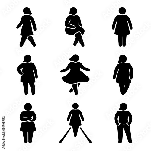 Plus-Size Fashion Icons. Solid, filled icon set of plus-size fashion poses and models: walking model, sitting pose, full body