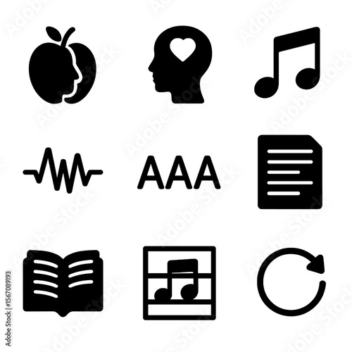 Poetry Devices Icons Grid. Solid, filled icon set of poetic devices: metaphor, simile, rhyme, rhythm, alliteration, stanza, verse,