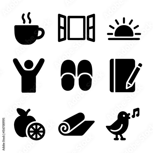 Morning Ritual Icons. Solid, filled icon set of sunny morning rituals: cup of coffee, open window, rising sun, stretching arms,