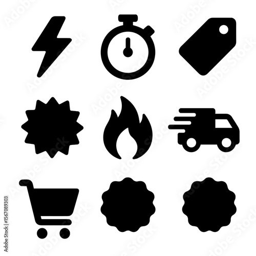 Flash Sale Icons. Solid, filled icons set of flash summer promotions: lightning icon, countdown clock, promo