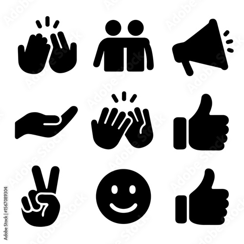 Positive Sportsmanship Icons. Solid, filled icon set of positive sportsmanship: high five, pat on back, cheer megaphone, support