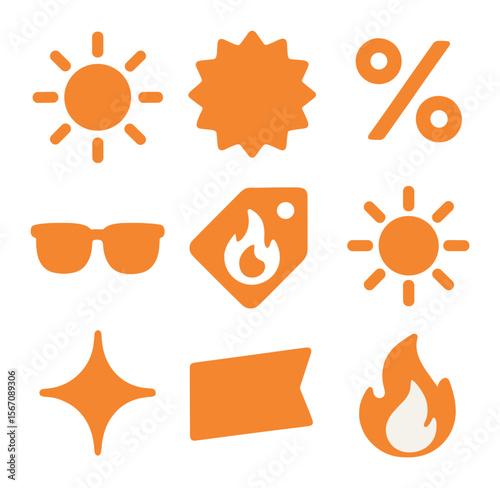 Sunny Discount Icons. Solid, filled icons set of sunny discount visuals: sun icon, bright label, percent mark,