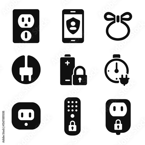 Kids Electronic Safety Icons. Solid, filled icon set of electronic safety for kids: outlet cover, screen guard, cable organizer,
