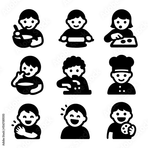 Kids Baking Icons. Solid, filled icon set of kids’ baking activities: child stirring, child rolling dough, child placing cookie,