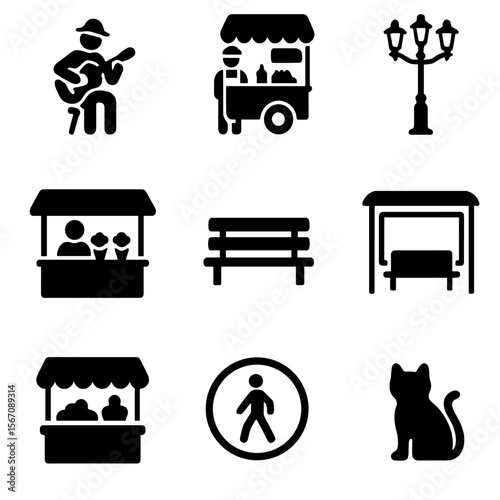 Moscow Street Icon Set. Solid, filled icon set of Moscow street life: park musician, food vendor, street lamp, flower kiosk, bench