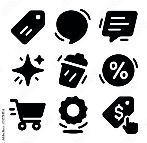 Dynamic Icon Grid. Solid, filled icons set of animated product promo: product tag, animated bubble, moving