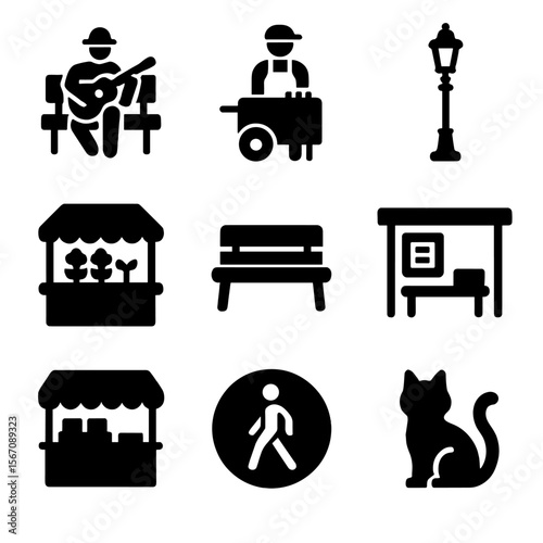 Moscow Street Icon Set. Solid, filled icon set of Moscow street life: park musician, food vendor, street lamp, flower kiosk, bench