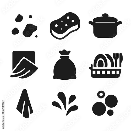 Post-Cooking Cleanup Icons. Solid, filled icon set of after-cooking cleanup: food crumbs, dirty sponge, empty pot, wiped surface,