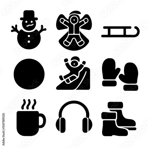 Kids Winter Fun Icons. Solid, filled icon set of kids winter fun: snowman, snow angel, sled, snowball, ice slide, mittens, cocoa