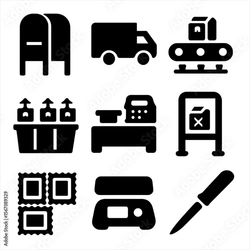 Post Office Icons. Solid, filled icon set of post office equipment: mailbox, postal truck, conveyor belt, sorting bins, postage