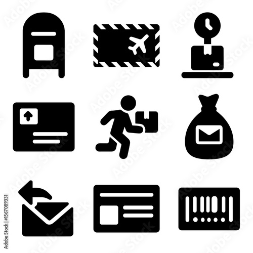 Postal Service Icons. Solid, filled icon set of postal service items: postbox, airmail envelope, postage scale, sender label,