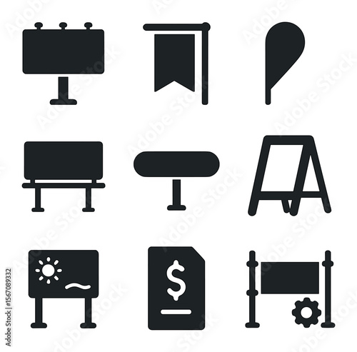 Outdoor Ad Icon Set. Solid, filled icons set of outdoor ad icons: billboard, city banner, flag tag, road ad,