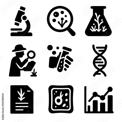 Moss Scientific Icons. Solid, filled icon set of moss scientific study: microscope, spore analysis, lab flask, field research,