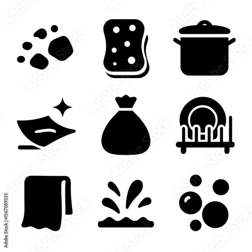 Post-Cooking Cleanup Icons. Solid, filled icon set of after-cooking cleanup: food crumbs, dirty sponge, empty pot, wiped surface,