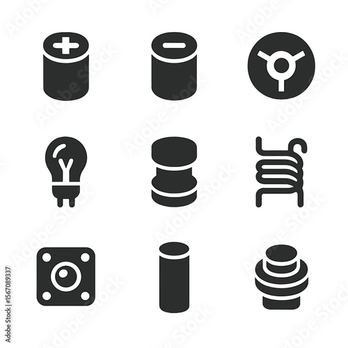 Flashlight Components Icons. Solid, filled icons set of flashlight internal components: positive terminal,
