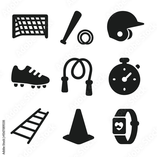Kids Sports Equipment Icons. Solid, filled icon set of sports coaching equipment for kids: soccer goal, baseball bat, helmet,