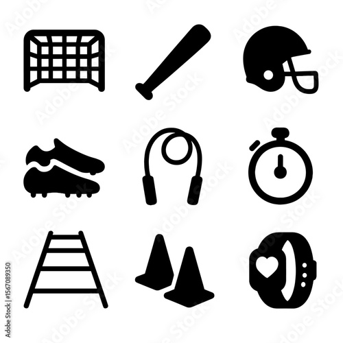 Kids Sports Equipment Icons. Solid, filled icon set of sports coaching equipment for kids: soccer goal, baseball bat, helmet,
