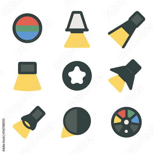 Flashlight Beam Modifier Icons. Solid, filled icons set of flashlight beam modifiers: colored lens cap,