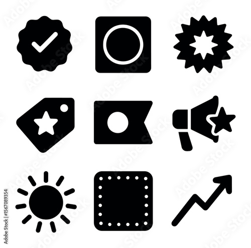 Product Spotlight Icons. Solid, filled icons set of product spotlight ads: highlight label, glow box, price