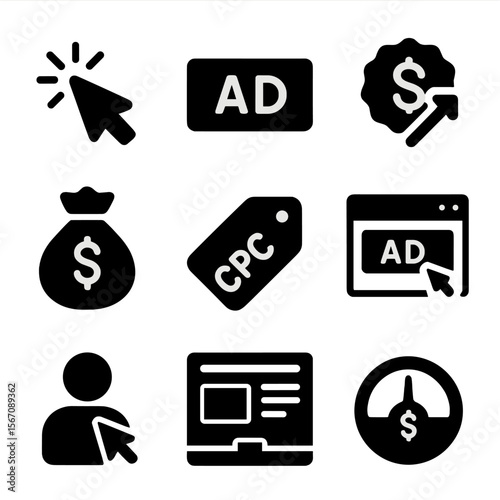 PPC Advertising Icons. Solid, filled icon set of pay-per-click advertising: mouse click, ad label, bid icon, budget bag, CPC tag,