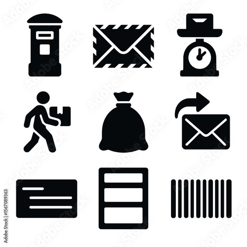 Postal Service Icons. Solid, filled icon set of postal service items: postbox, airmail envelope, postage scale, sender label,