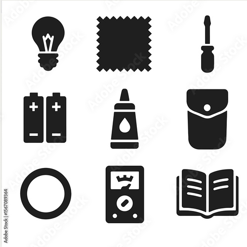 Flashlight Toolkit Icons. Solid, filled icons set of flashlight maintenance tools: spare bulb, cleaning cloth,