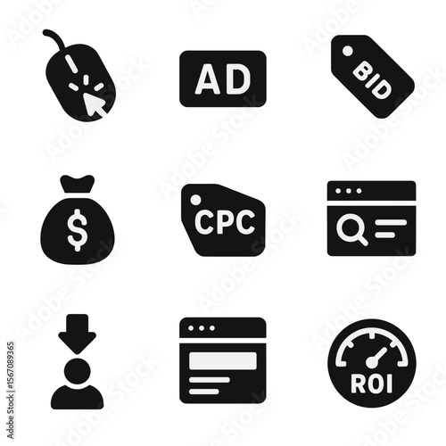 PPC Advertising Icons. Solid, filled icon set of pay-per-click advertising: mouse click, ad label, bid icon, budget bag, CPC tag,