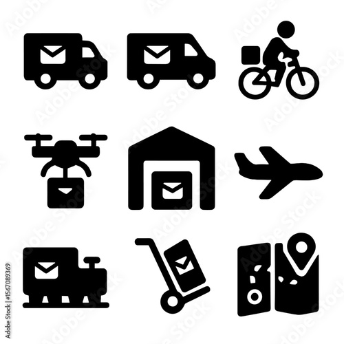 Postal Icon Set. Solid, filled icon set of postal transportation: mail truck, delivery van, bicycle courier, drone delivery,