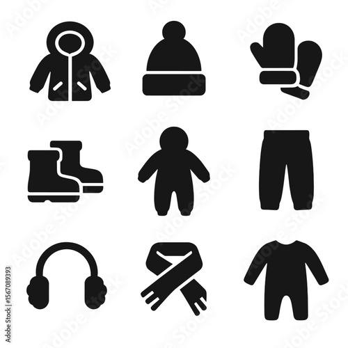 Kids' Winter Clothing Icons. Solid, filled icon set of kids’ winter clothing: tiny parka, pom hat, mittens, snow boots, snowsuit,