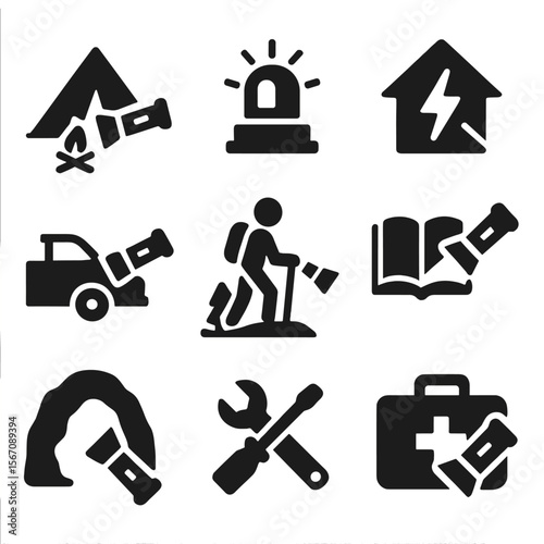 Flashlight Use Icons. Solid, filled icons set of flashlight use cases: camping icon, emergency light, power