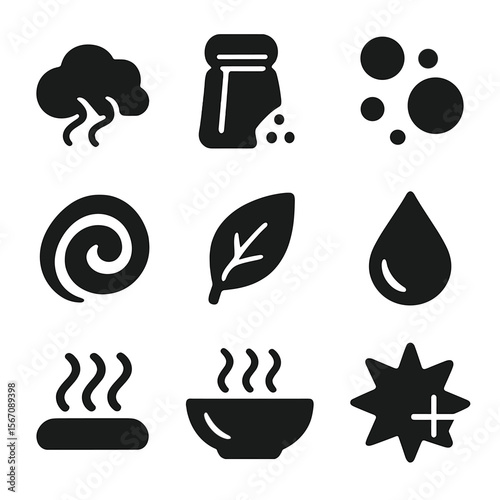 Flavor Icons Grid. Solid, filled icons set of food flavor components: aroma cloud, seasoning jar, spice