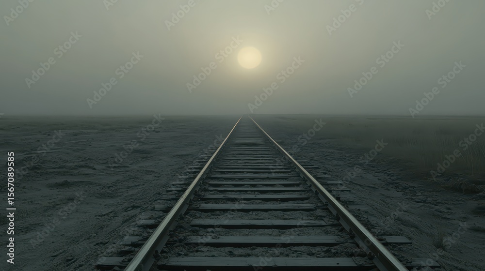 Fototapeta premium Serene Railroad Tracks Leading Into Misty Horizon at Sunset