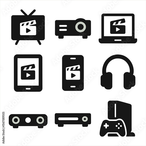 Movie Devices Icons. Solid, filled icon set of movie watching devices: television, projector, laptop, tablet, smartphone,