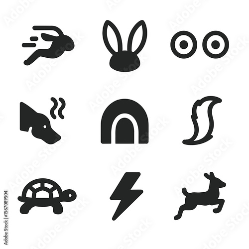 Prey Senses Icons. Solid, filled icon set of prey senses and tools: quick legs, alert ears, wide eyes, scent detection, burrow,