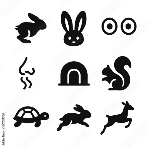 Prey Senses Icons. Solid, filled icon set of prey senses and tools: quick legs, alert ears, wide eyes, scent detection, burrow,