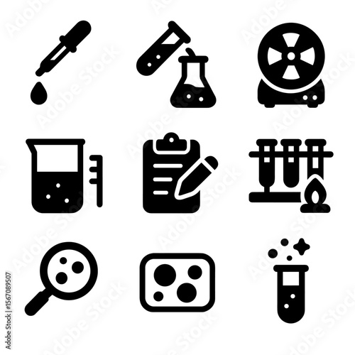 Lab Work Icons. Solid, filled icon set of lab work actions: pipetting, mixing chemicals, centrifuging, measuring, recording data,