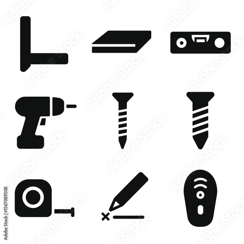 Floating Shelves Icons. Solid, filled icons set of installing floating shelves on a wall: wall bracket,