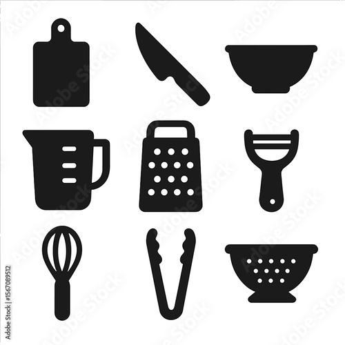 Kitchen Tools Icons. Solid, filled icon set of food prep tools on clean counter: cutting board, chef’s knife, mixing bowl,