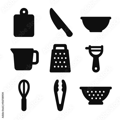 Kitchen Tools Icons. Solid, filled icon set of food prep tools on clean counter: cutting board, chef’s knife, mixing bowl,