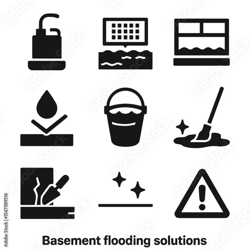 Flood Defense Icons. Solid, filled icons set of basement flooding solutions: sump pump icon, floor drain,
