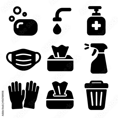 Preventive Healthcare Icons. Solid, filled icon set of preventive healthcare hygiene: soap, water faucet, hand sanitizer, mask,