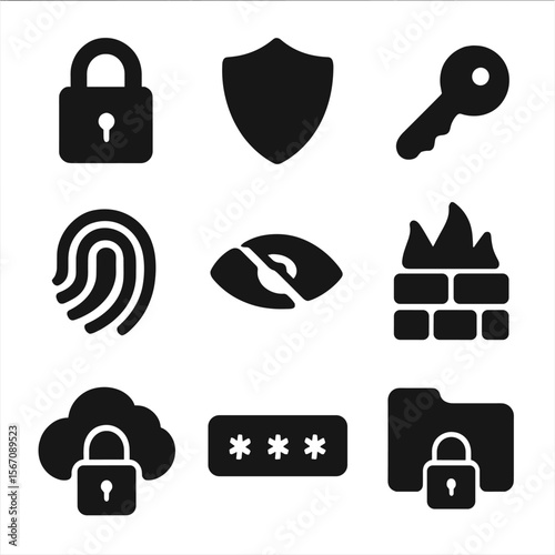 Privacy Icon Grid. Solid, filled icon set of privacy settings: lock, shield, key, fingerprint, eye with slash, firewall, VPN,